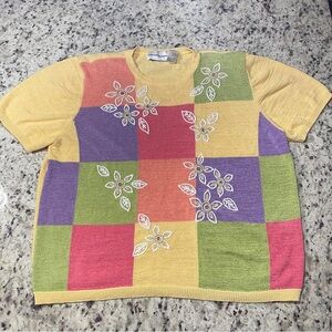 Alfred Dunner Yellow Size XL Floral Embroidered Short Sleeve Sweater Crew Neck
